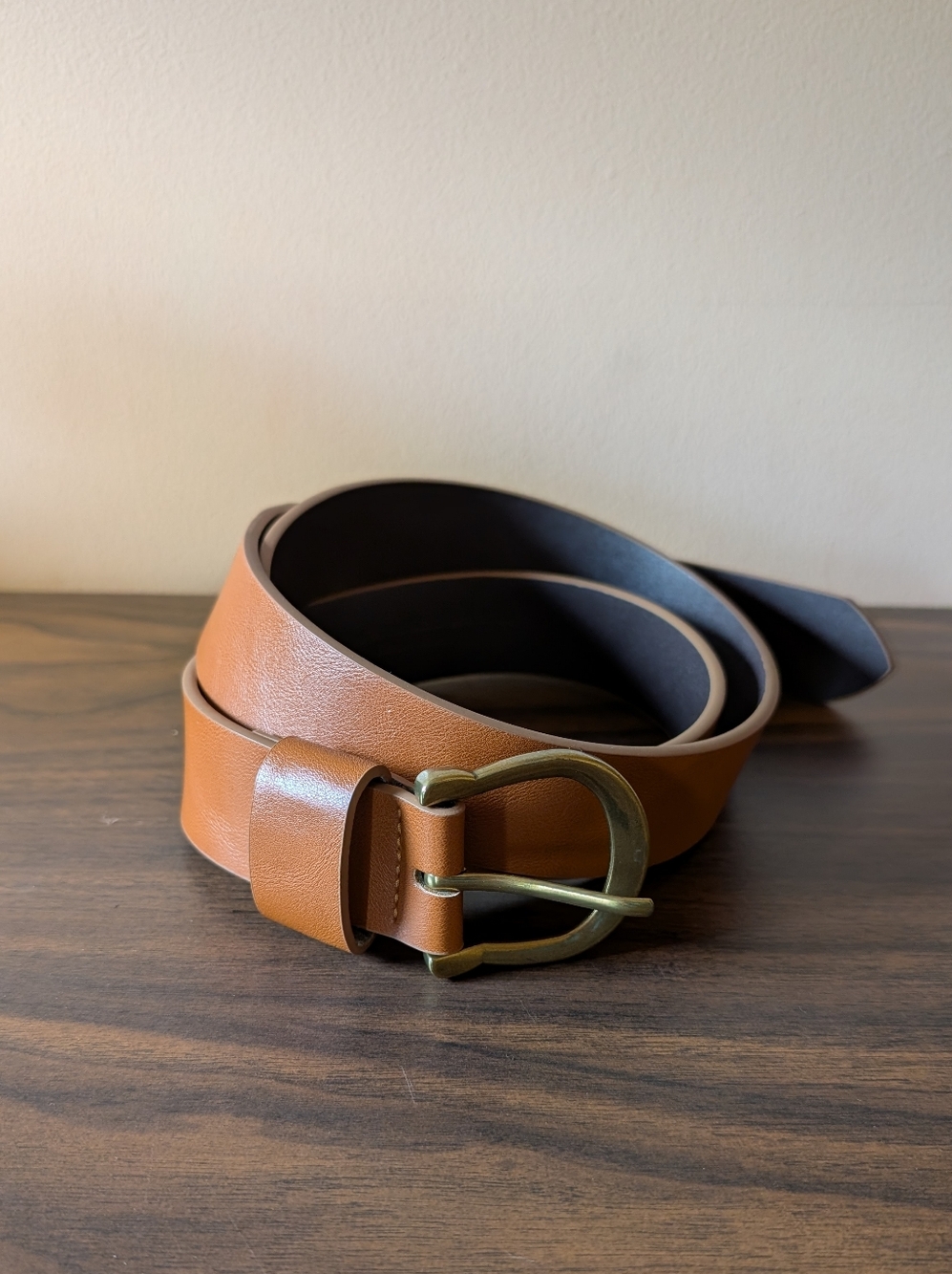 Classic Tan Bonded Leather Belt with Antiqued Brass Buckle